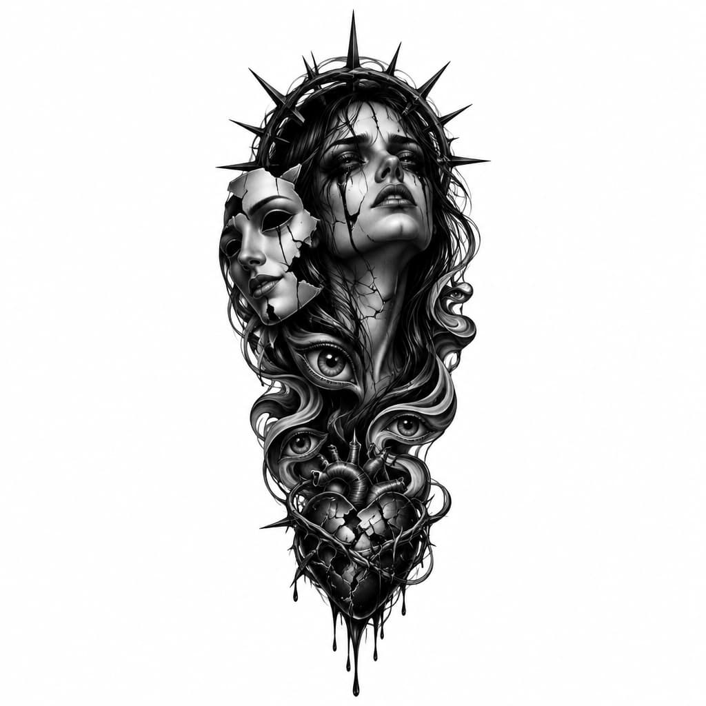 Creepy Gothic style design that symbolizes a broken and betrayed soul, a piece that will have people confused and intrigued. Placement on the calf of a female. Black and white. Depression. Angry. Psychedelic. Eerie.