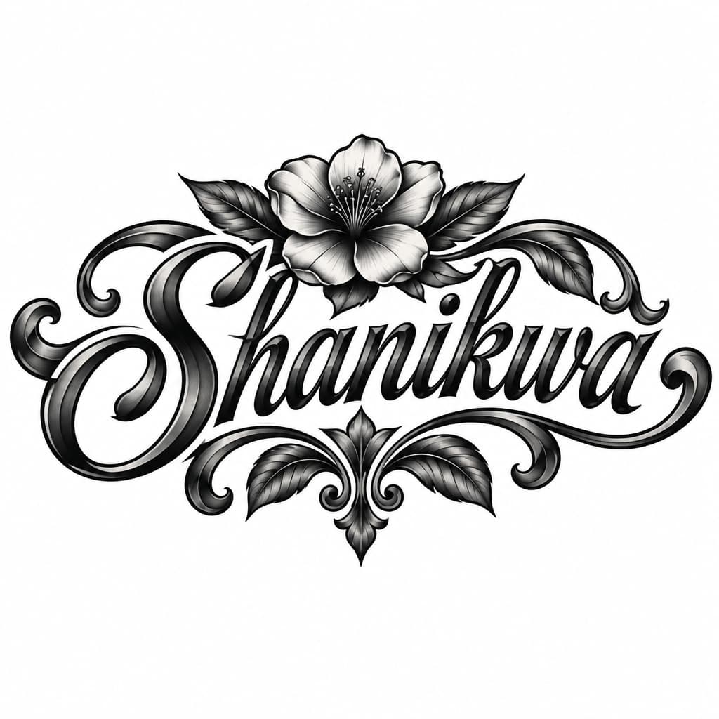 A tattoo concept featuring the name "Shanikwa" in Great Vibes lettering