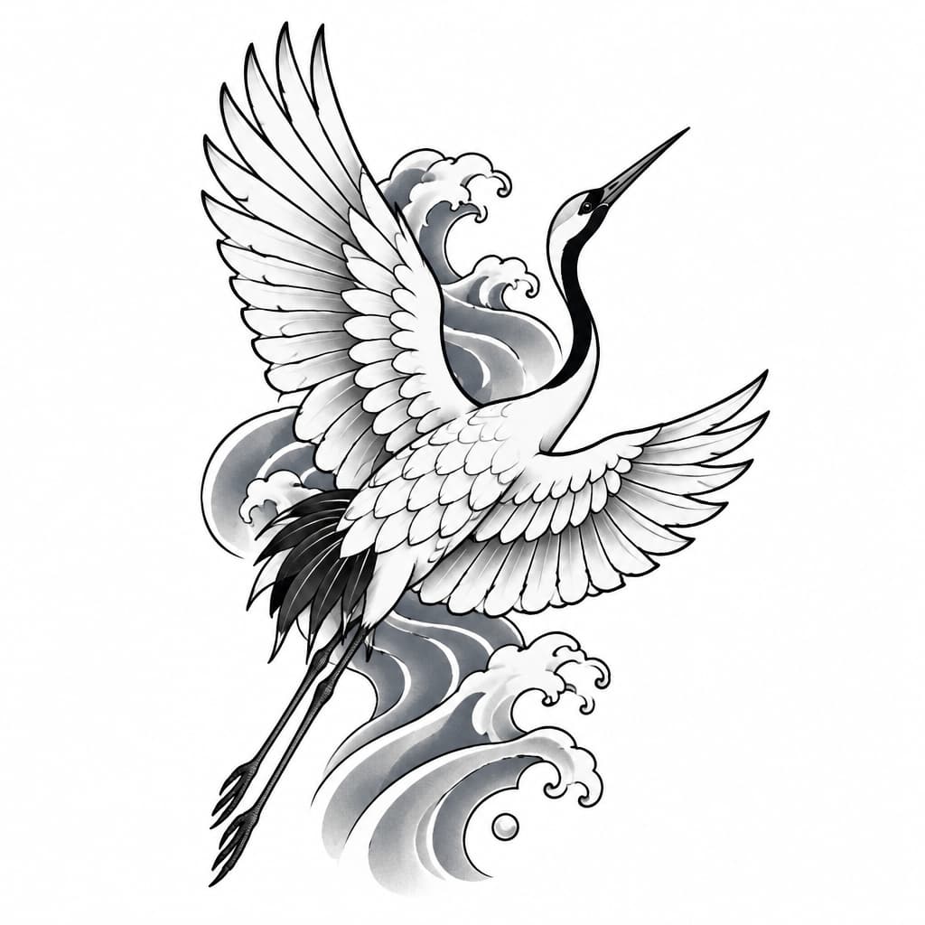 A simple irezumi style crane with blue in the form of simple water in the background
