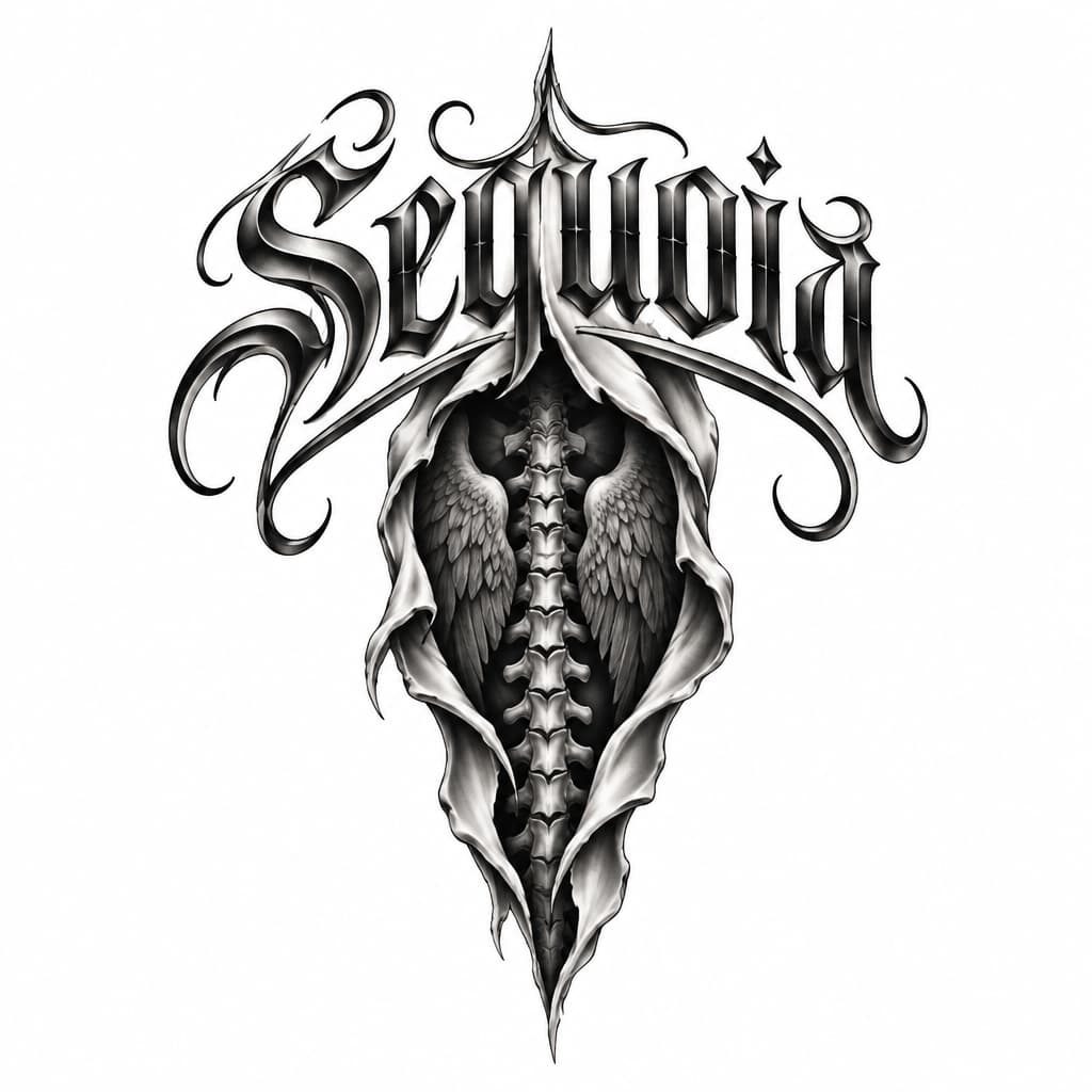 create a tattoo design. The name Sequoia in a fancy chicano calligraphy font melting into sn opening in the middle of the back showing a glimpse of wings attached to a spinal cord. there's shading only on the inside of the tattoo. The whole tattoo looks like its coming outside of the skin/body