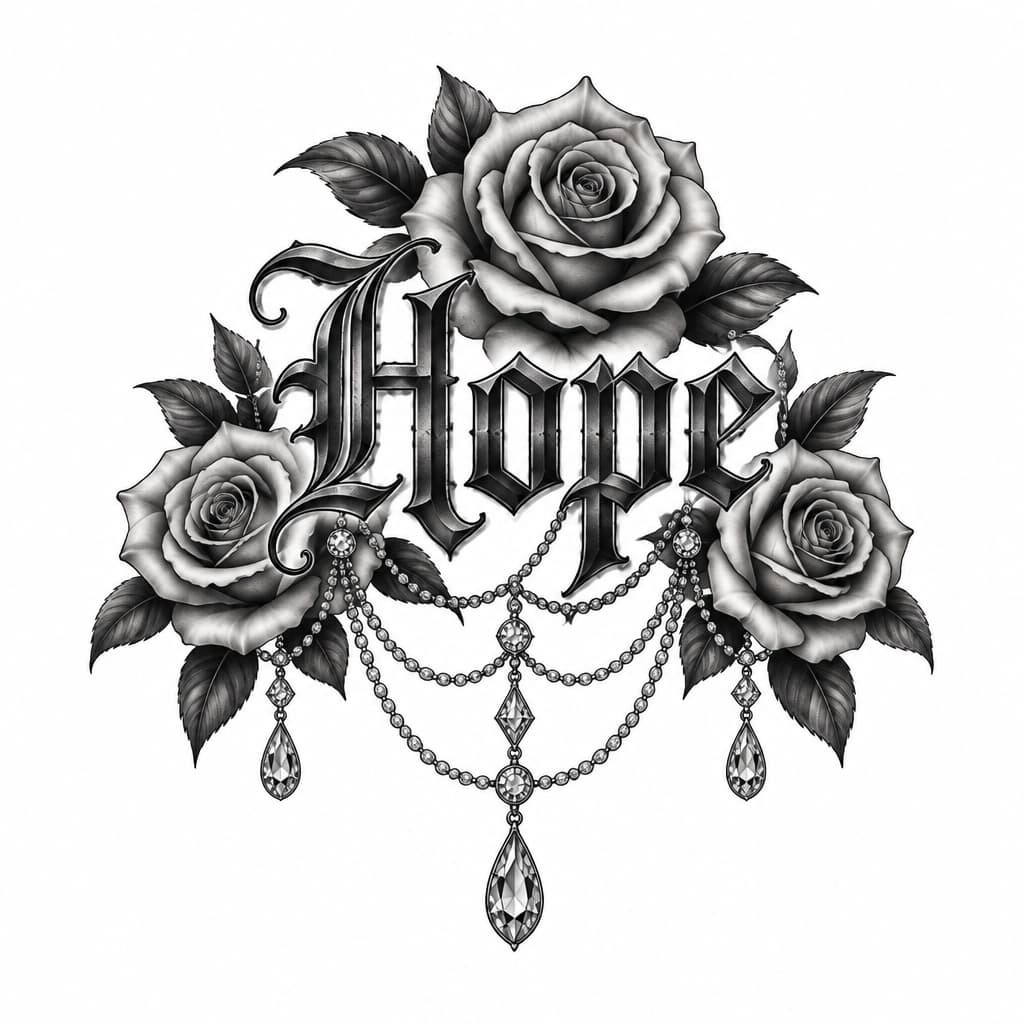 A tattoo concept featuring the name "Hope" in elegant old English lettering with rose's and draping diamonds