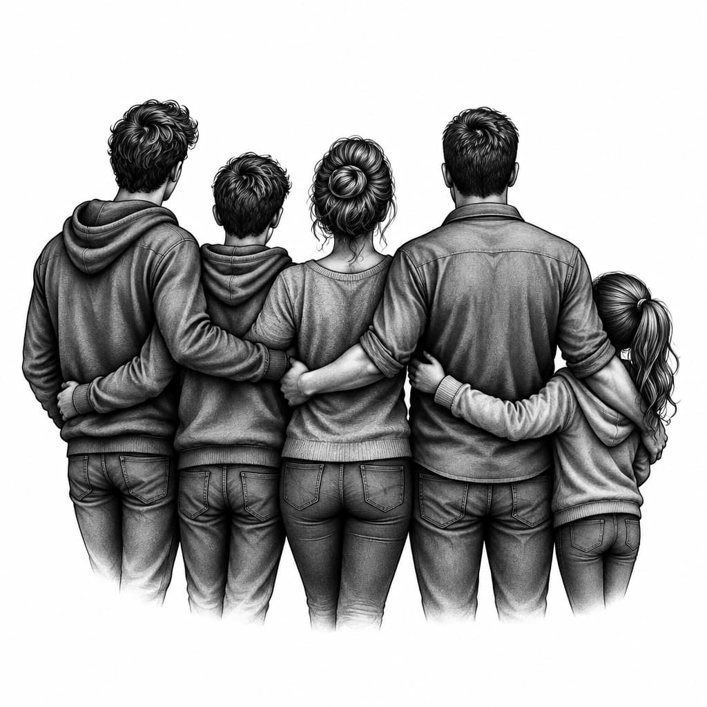 Family line tattoo with 5 family members including mom ,dad, 15 Years old brother, 7 Years old sister and 21 Years old brother