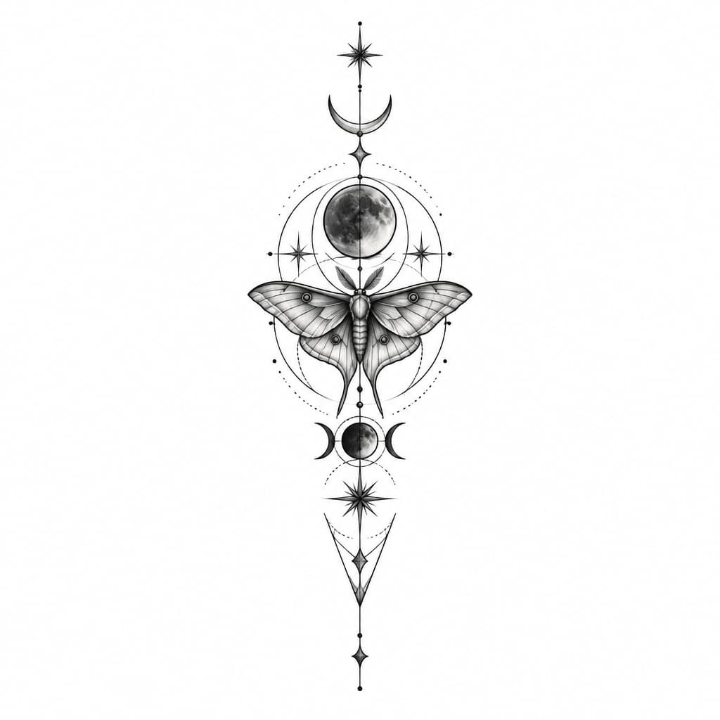 A vertical fine line tattoo design sheet on a clean solid white background, for a white inner forearm tapering from 12cm to 8cm. This is a clean line art version of the dark mystical style. It features the exact same geometric layout, sacre