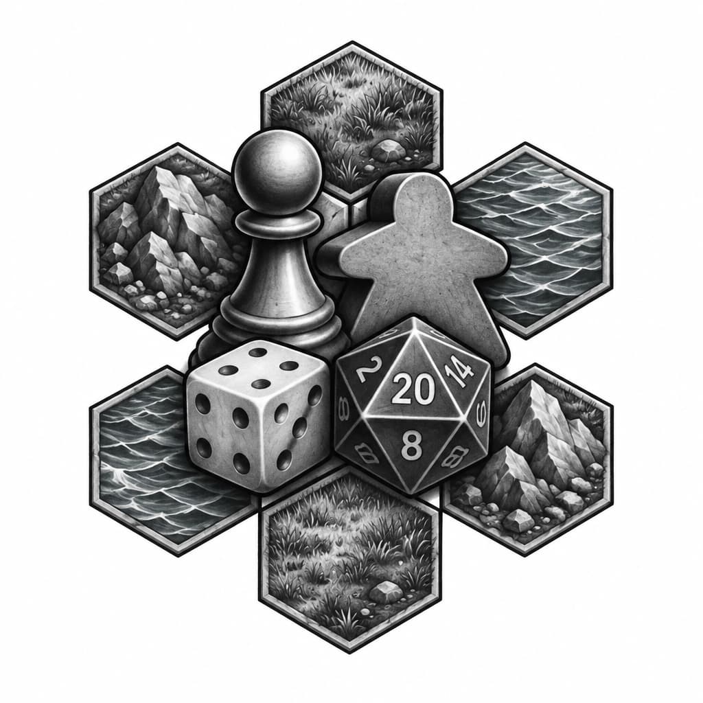 a chess pawn piece. a meeple. a six sided dice. a twenty sided dice. surrounded by hexagonal tile pieces with different designs, grass,rock,water