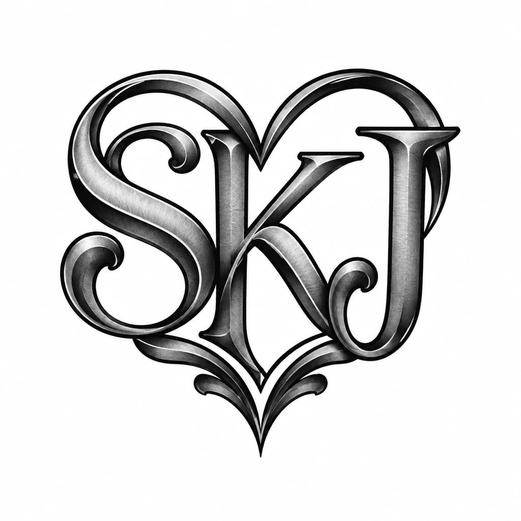 The letter sk and j forming a heart