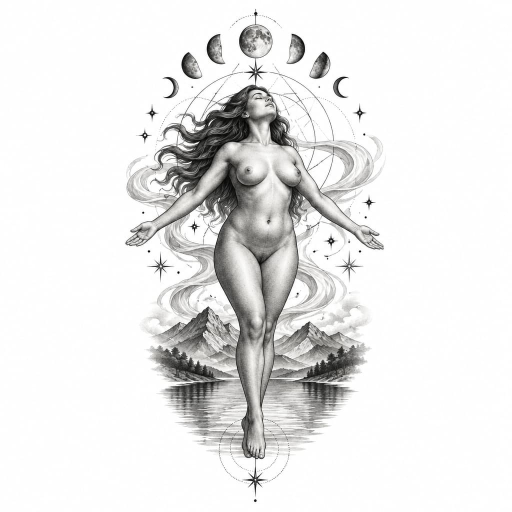 Fine art black and grey tattoo design inspired by the prehistoric Venus of Dolní Věstonice. A beautiful, voluptuous, curvy adult woman with natural, harmonious anatomy and a clean, unmarked body. Her figure symbolizes feminine sensuality, personal freedom, and spiritual awakening. Long flowing hair, eyes closed, head tilted toward the sky, arms open in a gesture of liberation. No wings. Moon phases, stars, subtle sacred geometry, flowing wind, mountains and reflective water surrounding her. Realistic anatomical proportions, natural abdomen, intricate tattoo linework, stippling, elegant shading, vertical composition, timeless mystical atmosphere.