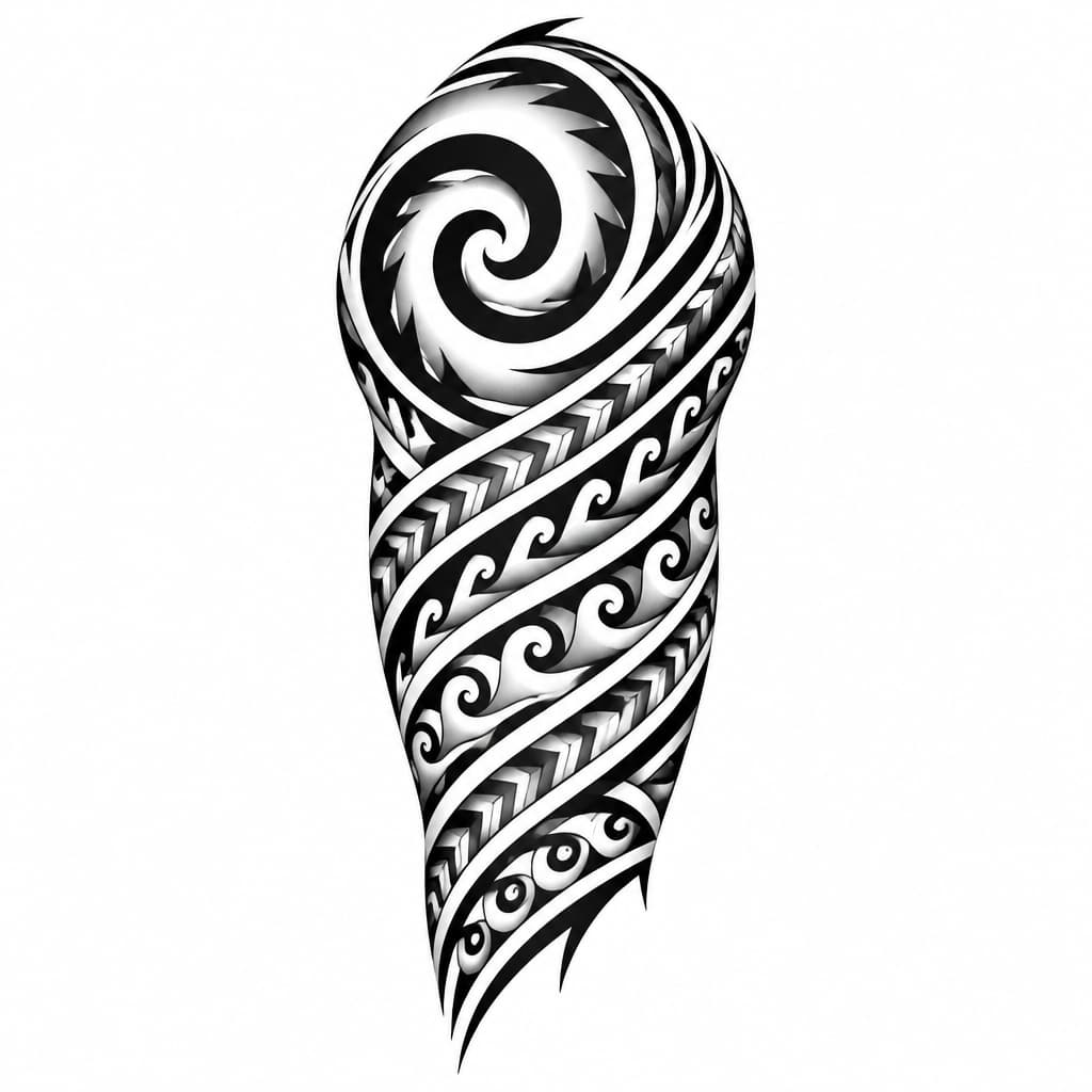 Tatouage blackwork tribal contemporain d'inspiration polynésienne, sans recherche de symbolique traditionnelle. Composition pour l'intégralité du haut du bras droit, du deltoïde jusqu'au-dessus du coude, sans dépasser sur le torse ni l'avant-bras. Grande spirale principale sur le deltoïde, bandes diagonales fluides enveloppant le bras, remplies de chevrons nets, triangles, dents de requin stylisées et petites spirales répétées évoquant les vagues. Noir profond, espaces négatifs généreux, lignes géométriques parfaitement propres, raccordement continu des motifs sur 360 degrés. Terminaisons asymétriques en pointes au-dessus du coude. Dessin à plat sur fond blanc, sans corps humain, sans texte.