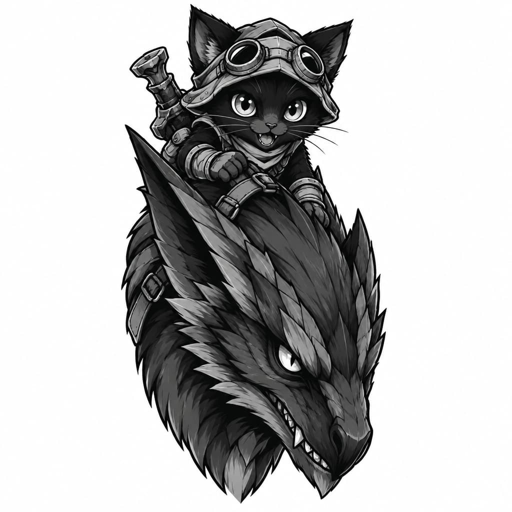 An epic illustrative tattoo design. A cute black Palico feline warrior cat with large glowing lime-green eyes is actively riding on the back of a sleek, dark teal Nargacuga dragon. Close-up portrait composition focusing heavily on the cat on top and the dragon's head/shoulders below it. The wings are folded tightly or cropped out entirely to keep the design narrow and vertical. Bold, clean black linework, open negative space, flat colors, solid white background. No tiny textures, no floating elements, no 3D shading.