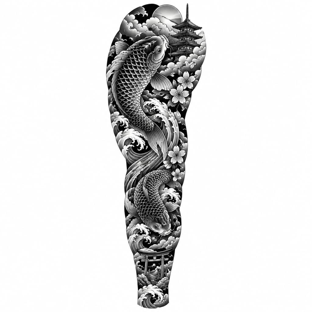 leg sleeve with koi fish clouds and others japanese stuff