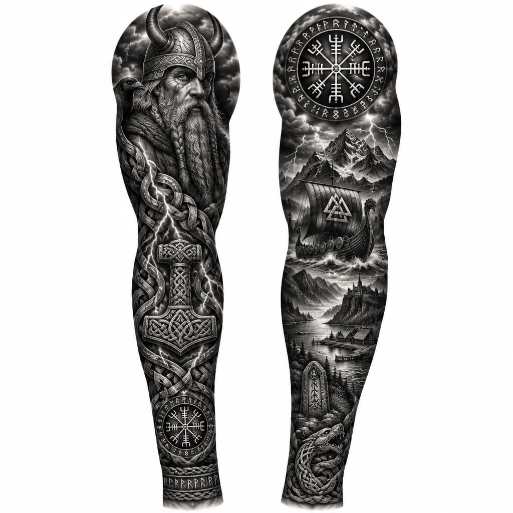Hyper-realistic black and grey tattoo sleeve design, full arm, Norse/Viking theme, photographed on a forearm against a black background, ultra-detailed, dramatic contrast, fine-line shading, stormy sky with glowing lightning.
OUTER SIDE, shoulder to wrist: Odin with horned helmet, braided long beard and stern gaze at the shoulder; lightning bolts running down; Thor's hammer Mjölnir with Celtic knotwork on the forearm; Norse interlace knotwork connecting everything; small Vegvísir compass with rune ring near the wrist; band of runes at the wrist.
INNER SIDE, shoulder to wrist: large Vegvísir with rune ring on the shoulder; storm clouds and lightning; mountains; Viking longship (drakkar) with valknut on the sail and shields on the hull, on rough sea; fjord with a small village and a fortress on a cliff; carved rune stone; Norse serpent in knotwork closing at the wrist.
Style: realistic black and grey tattoo, smooth gradients, deep blacks, subtle white highlights, clean skin, studio lighting.