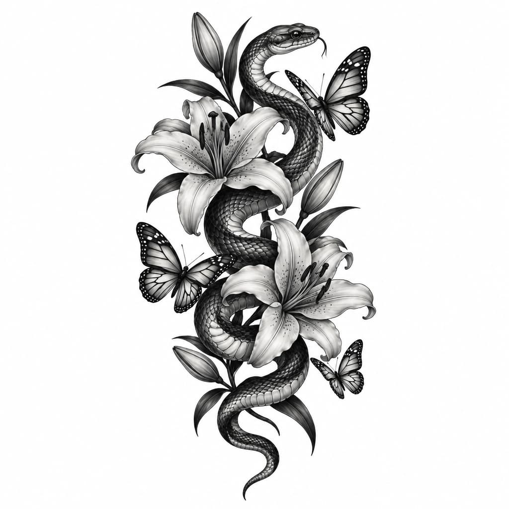 snake with lily flowers and butterflies