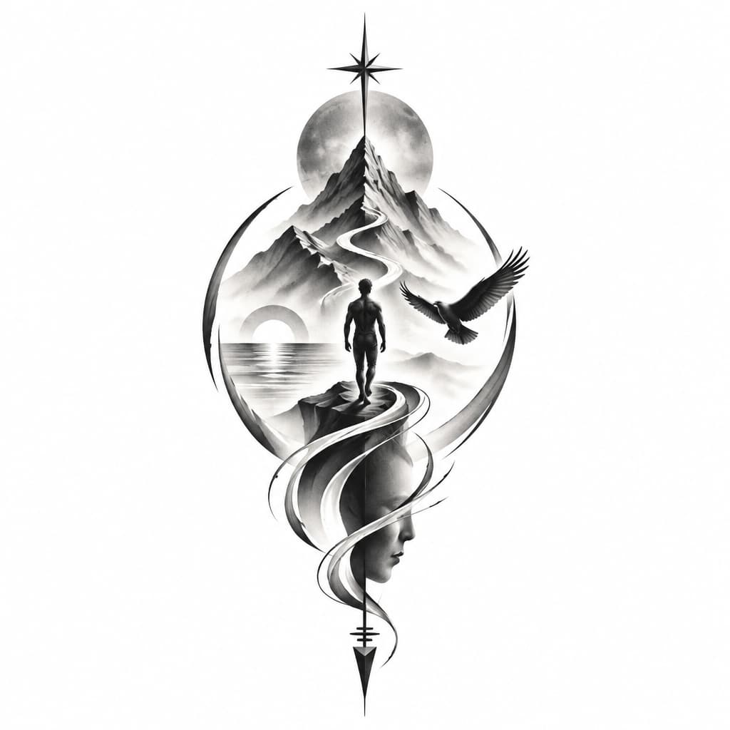 Design a deeply personal second-life tattoo for me male back ratio.
: What I want to leave behind: a combination of everything. New chapter: peace, freedom and emotional independence. Preferred style: minimalist abstract philosophical.
Give me a tattoo that represents all the 4 peace freedom emotional independence and the will to strive till success of die trying