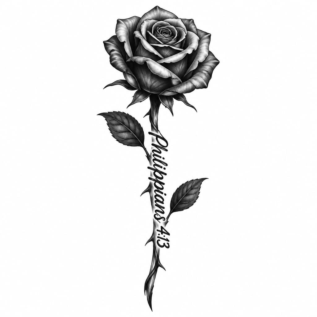 A spin tattoo that’s a rose but the stem is a bible verse, I want it to be black with a touch of red n some shading