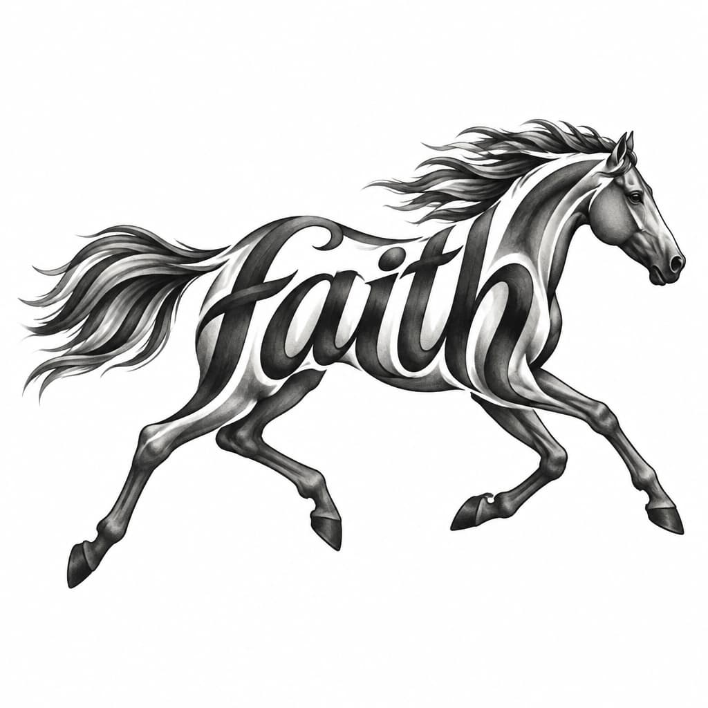 The letters of the word "faith" written out into the shape of a running horse