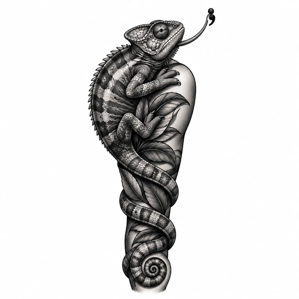 A chameleon on my upper arm with its tail wrapped around my arm down to my elbow. its head on my shoulder with its tongue reaching up behind my ear with a semi colon at the end. to show how i changed my personality to fit in