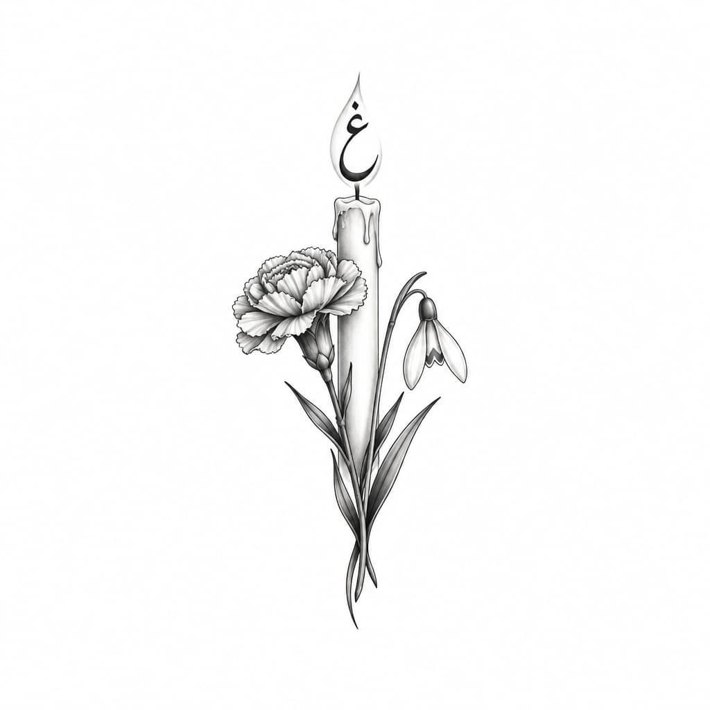 First tattoo, In memory of my father - birth flowers carnation and snowdrop, a candle, the flame outline is a غ in Arabic. Simple yet elegant, small, minimalist, fine line. For shin.