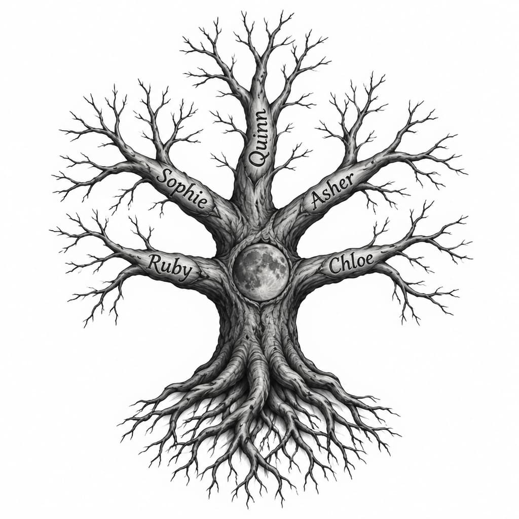 Let's design a tattoo that blends in with the one on the back of my arm. The ka symbol will be covered up and made into a moon. Tattoo that will need to fill the space is a large oak tree with 5 large branches. With a name carved into each branch like with a pocket knife. Names are Sophie, Ruby, Quinn, Asher, Chloe. Tree should look have a realistic look with getting too detailed. 5 large branches with lots of smaller branches coming off of those making it look natural. No leaves. The roots of the tree should attempt to cover the 3 circle tattoo on wrist