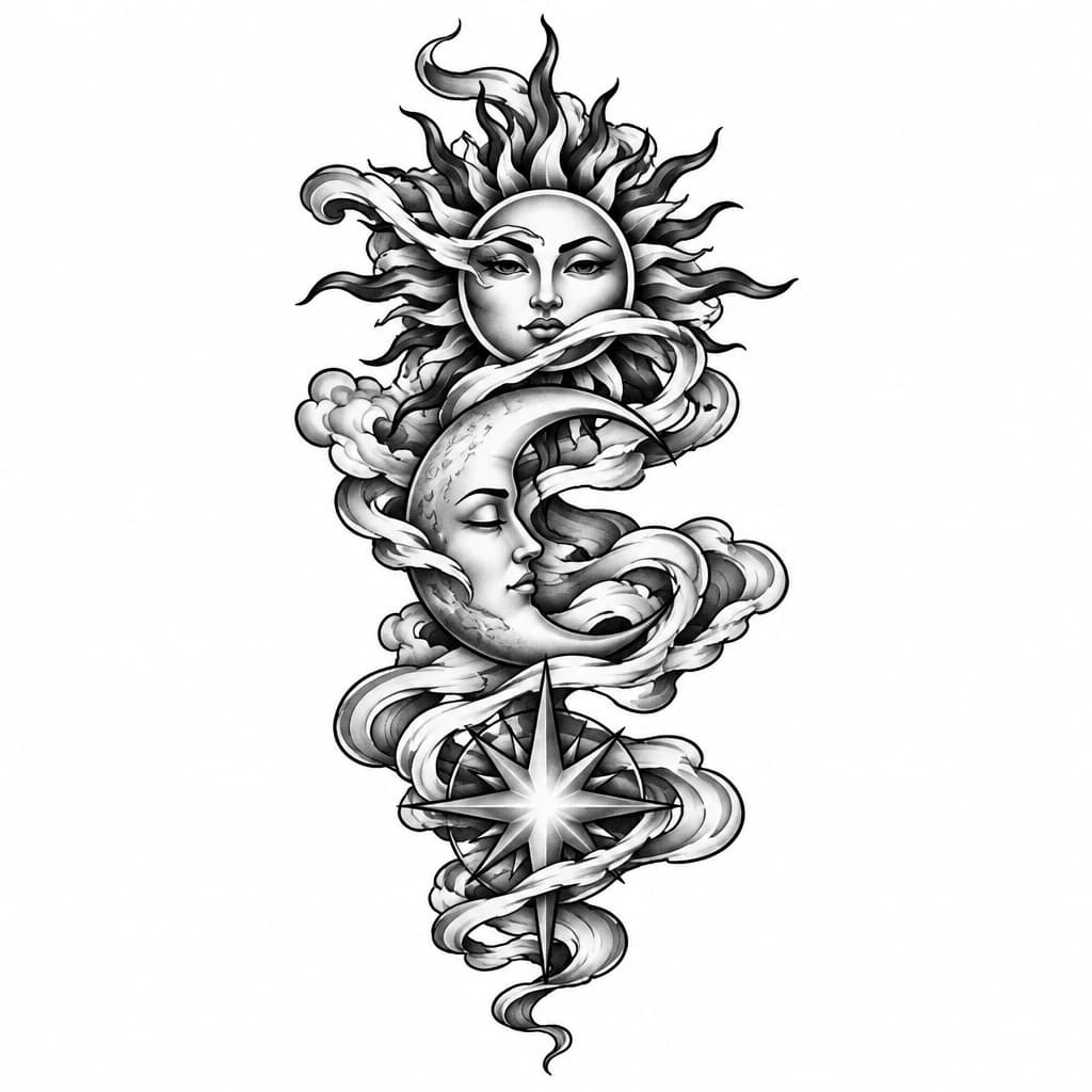 Sun, Moon, and Rising Star in the same red stencil aesthetic, with the smoke weaving through and overlapping each celestial symbol so they feel like a cohesive set for sternum placement. The Rising Star specifically incorporates the same flowing ribbon effect you liked in the Moon and Sun references.
