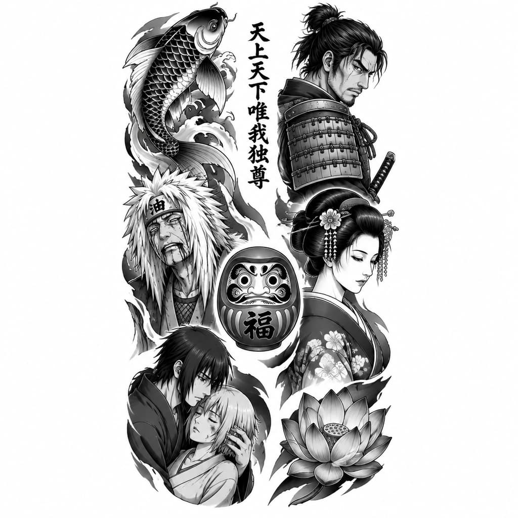 Actuá como diseñador de tatuajes japoneses contemporáneos. Inspirate en la composición de Dmitrii Naboka (Instagram): armonía, contraste, sombras y espacios negativos. Si no podés ver sus trabajos, no inventes haberlos analizado. Estilo ilustrativo japonés, NO fotorrealista.
OBJETIVO: Manga limpia, elegante y coherente. Diseñaremos cada figura por separado; no generes la manga completa hasta aprobarlas todas.
UBICACIÓN EN EL MOLDE (de arriba hacia abajo; izquierda y derecha según el dibujo):
• Pez koi: arriba a la izquierda, junto al hombro, en movimiento.
• Texto japonés: arriba, en el centro, vertical, entre koi y samurái. No inventar caracteres; solicitar el texto exacto.
• Samurái: arriba a la derecha, a la altura del bíceps, con armadura. Usar el rostro masculino de referencia: cabello negro, facciones maduras y expresión seria, en versión ilustrada.
• Jiraiya: zona media izquierda, debajo del koi; gravemente herido y cerca de morir, reconocible como en Naruto.
• Daruma: centro del brazo, debajo del texto, entre Jiraiya y geisha.
• Geisha: zona media derecha, debajo del samurái; peinado y vestimenta tradicionales, expresión serena.
• Hakuji y Koyuki: zona inferior izquierda, debajo de Jiraiya y Daruma; dos figuras diferenciadas en una escena emotiva.
• Flor de loto: abajo a la derecha, debajo de la geisha, hacia la muñeca.
PALETA: negro y gris, con rojo moderado. Respetar rasgos de anime y rostros aprobados. No fusionar personajes, cambiar posiciones ni añadir figuras. Evitar exceso de humo, olas, flores y relleno; usar transiciones discretas y piel libre para que cada figura respire.
PROCESO: Primero proponer cada diseño individual sobre fondo blanco. Esperar mi aprobación antes del siguiente. Al final integrar todo respetando ubicación, escala y anatomía del brazo. No generar imágenes hasta que indique qué elemento empezar.