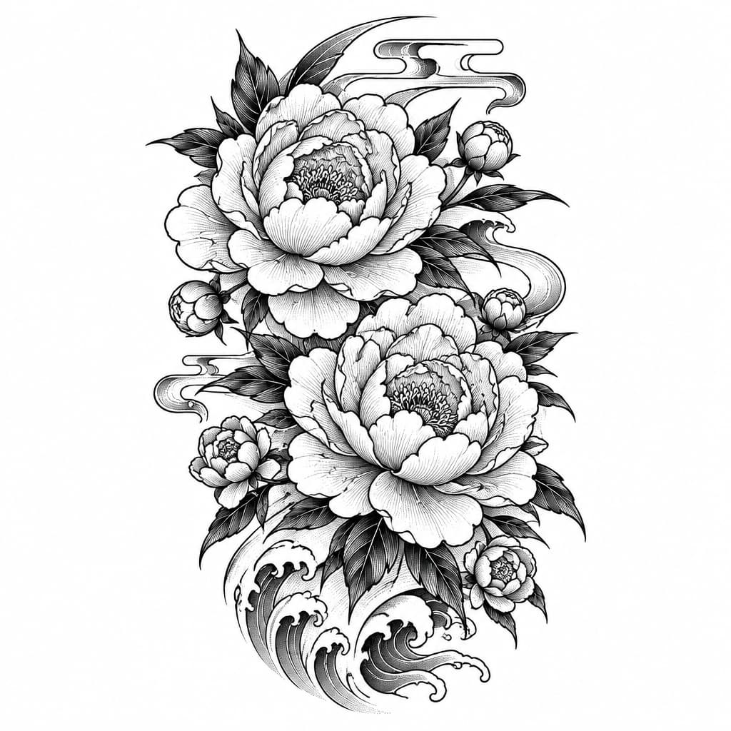 deux pivoines aux influences japonaises, avec des contours bien nets, quelques feuillages et petites pivoines autour, des ombres faites avec des pointillées et des traits fins