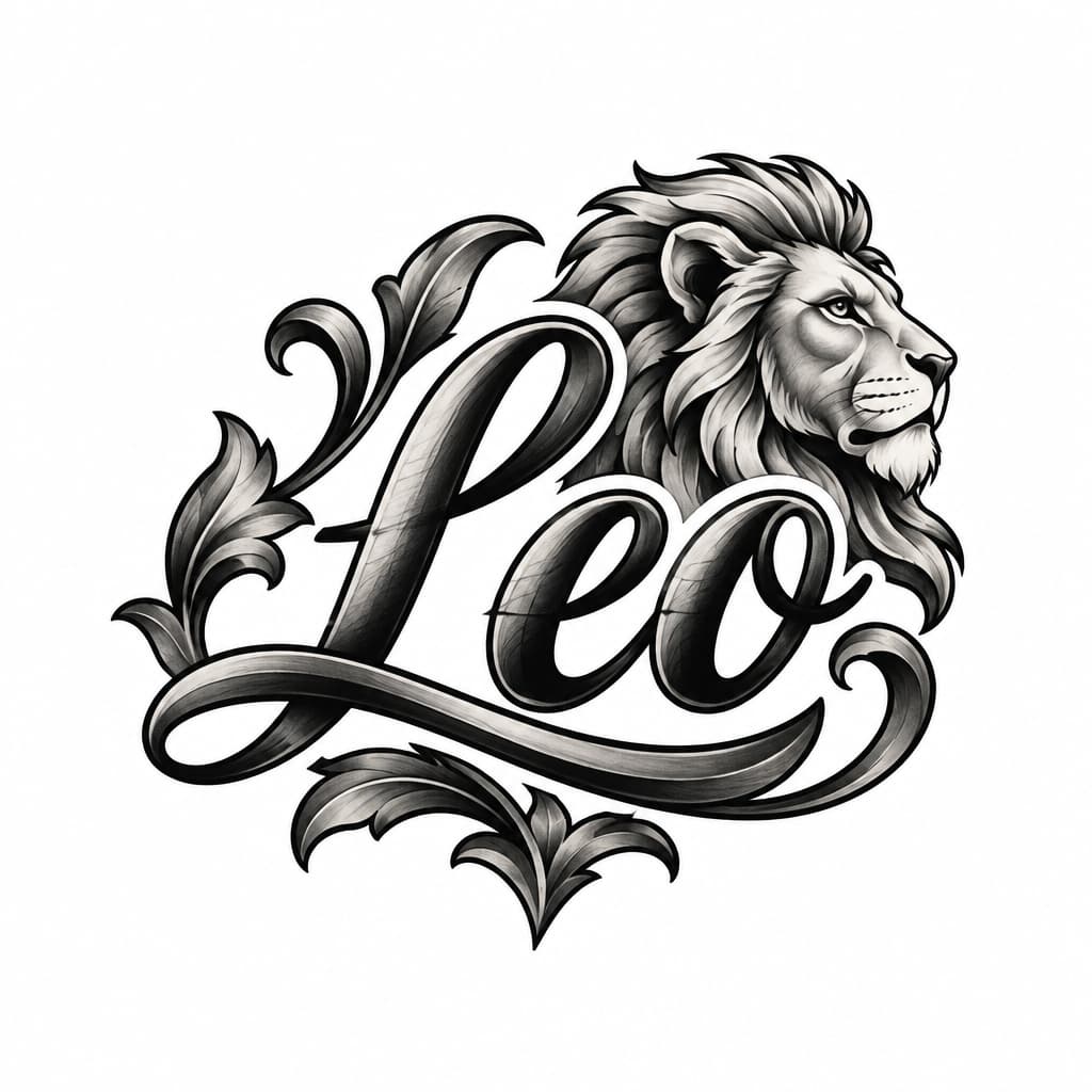 A tattoo concept featuring the name "Leo" in Kaushan Script lettering