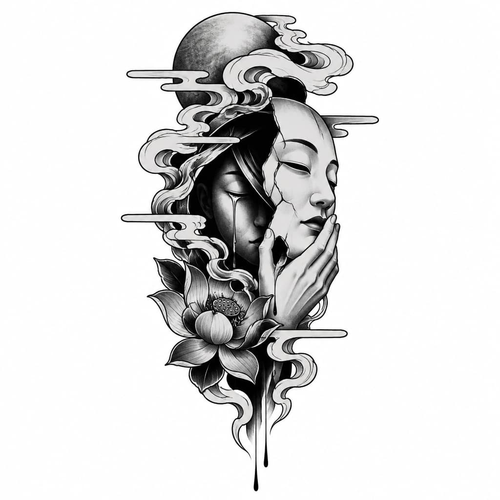 Create 4 unique minimalist tattoo designs that symbolize the pain of constantly suppressing emotions and becoming unable to express my thoughts. I want something deeply personal, mysterious, subtle, and open to interpretation. Use abstract
