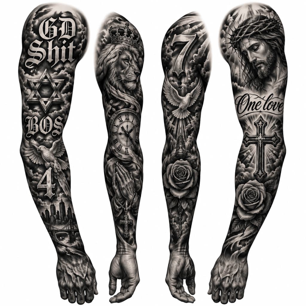 Sleeved out both arms right arm has GD Shit on it. 6 point star, BOS, 4 on the back of the right arm. On the left arm it's going to incorporate Jesus and shit. The cross saying One love just above it.. A black rose on my front arm . 7 on my back left . pUt more tattoos on me