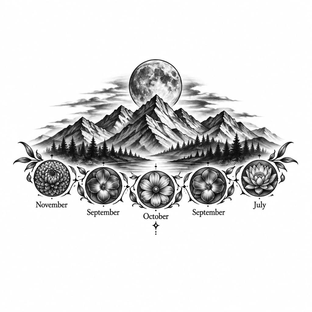Mountains with moon, I also want something representing the birth months of my four sibling an I. Should be placed in this order: November, September, October, September, July. I want it placed on my back shoulders/trap area. I want it to be hidden with a shirt on