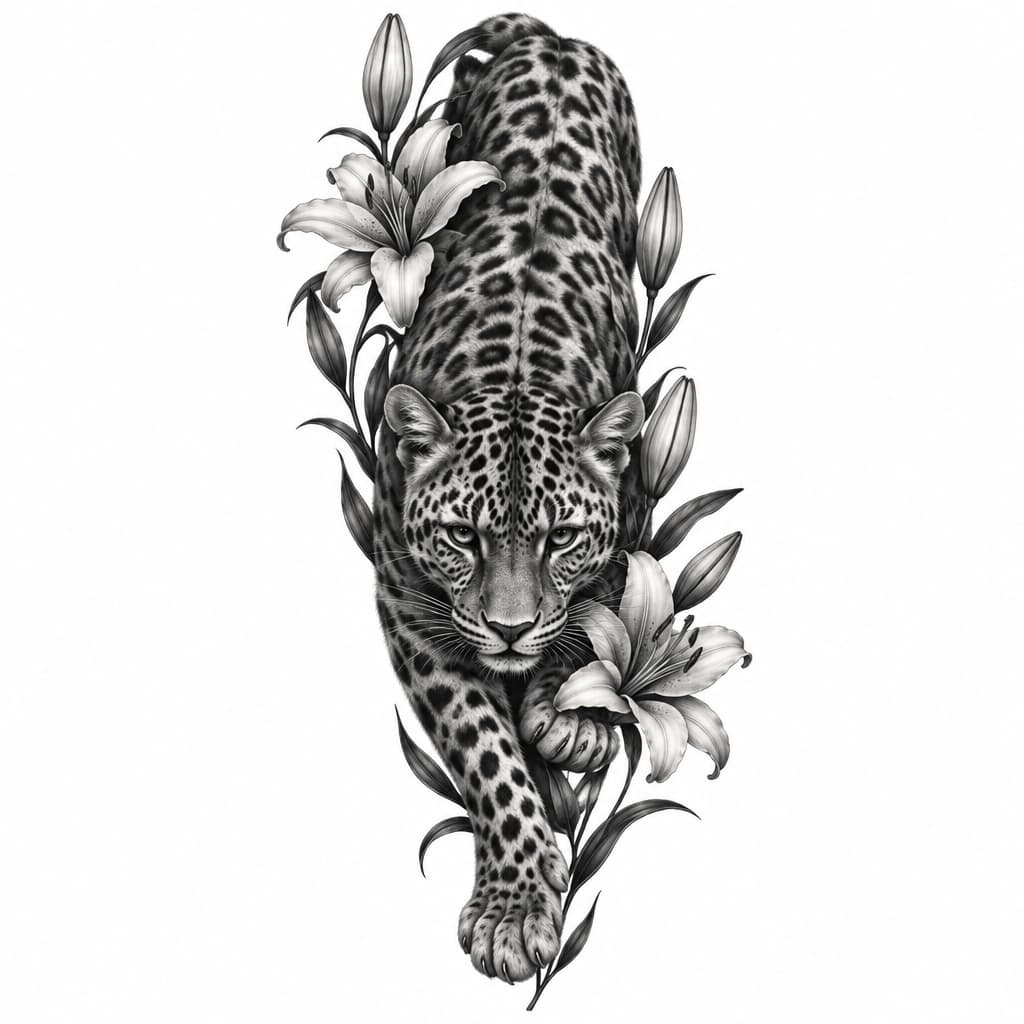 Detailed black and grey realistic leopard crawling down towards the wrist, fine-line botanical lilies framing the sides, high contrast, elegant tattoo design, soft shading."
