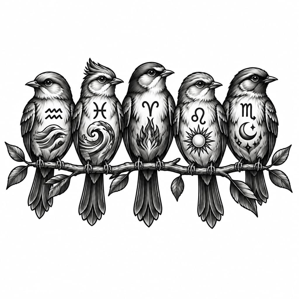 minimalist design for five friends. five birds sperched on branch and each bird representing a friend based on birth month color, astrological symbol, or element. Birthdays for each person 02/17, 03/21, 04/11, 07/25, 10/31