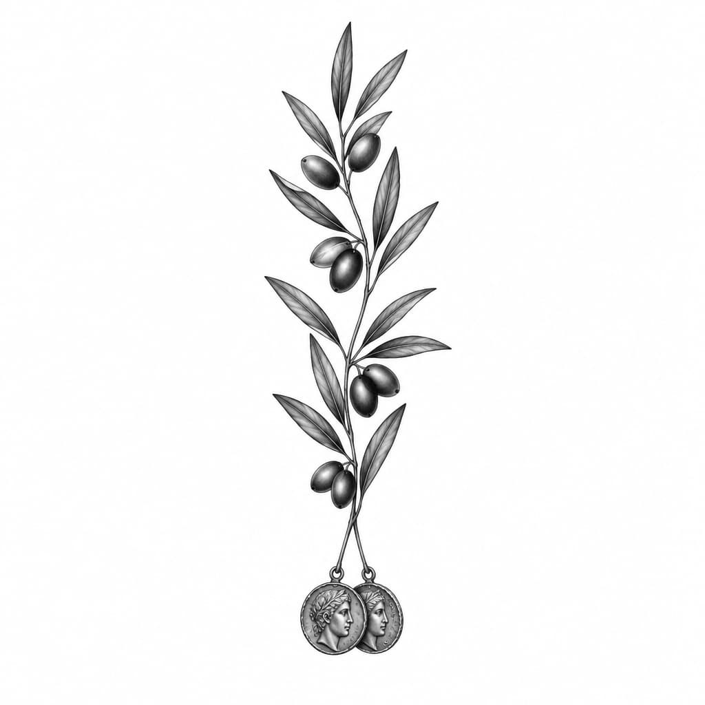 fine line olive branch vertically, with 2 gold coing on the bottom.
