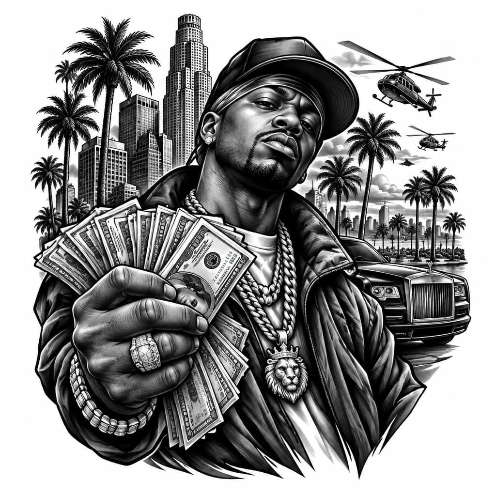Un progetto per pancia e petto completo, con in primo piano un personaggio afro gangsta con soldi e mano in vista con sfondo su un lato con palazzi americani e anche palme e qualche elicottero