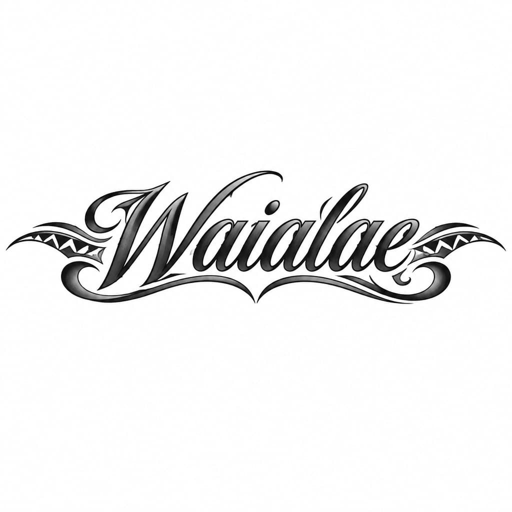Simple tattoo of my last name "Waialae". Tattoo placement running across the width of my upper back. Black ink in script chicano or polynesian style