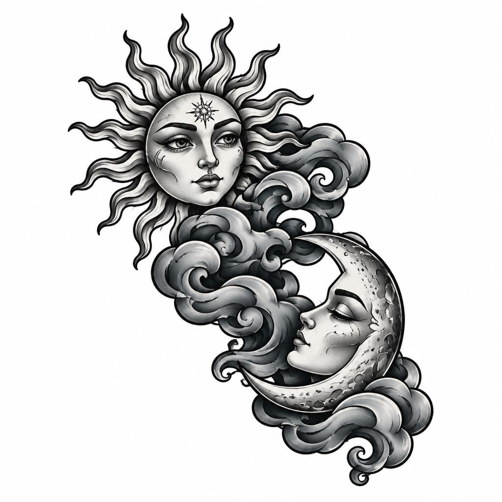 AI 生成的 A sun and moon tattoo diagonal to each other with thick blue… 纹身设计