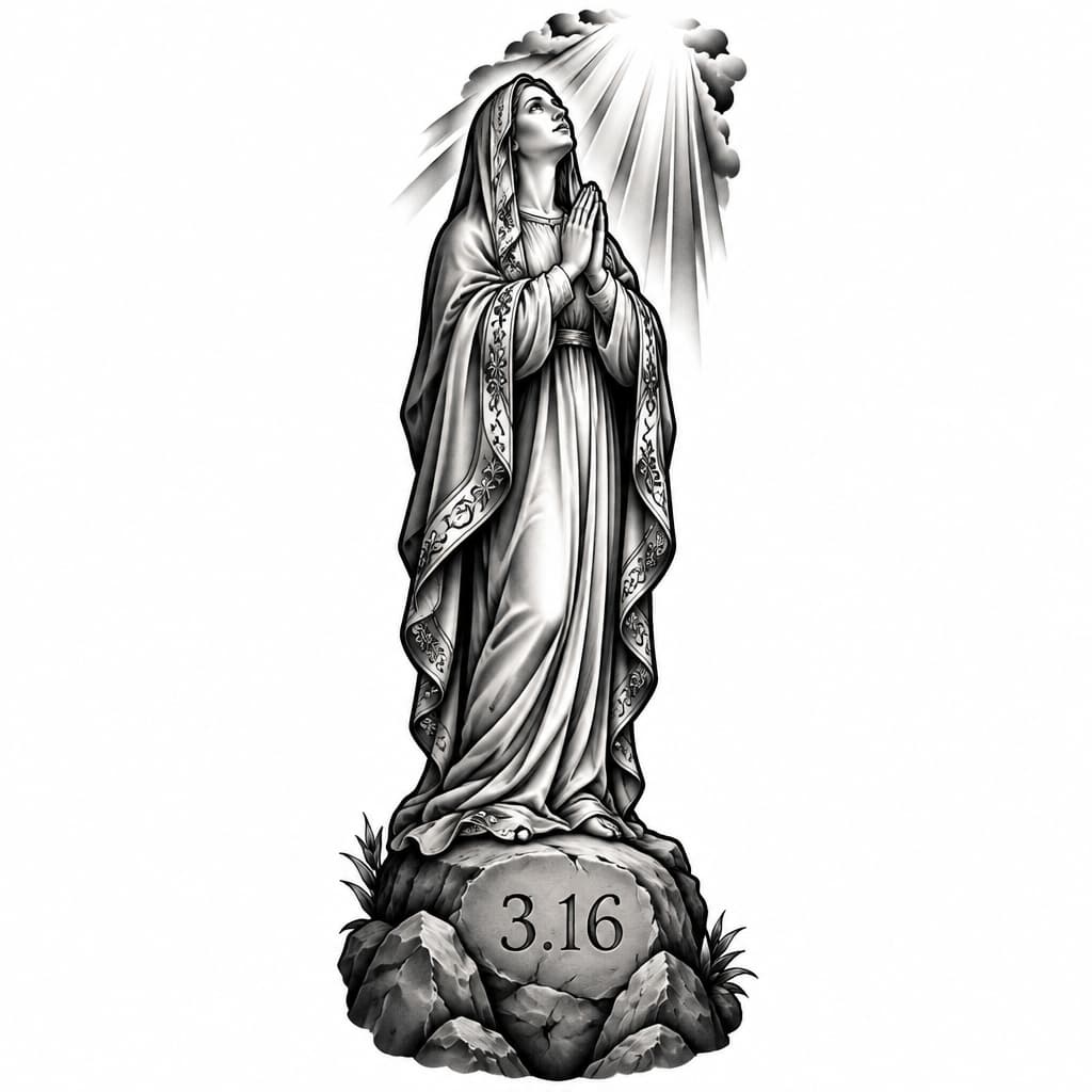 AI 生成的 Tattoo drawing of mother mary looking up toward the light… 纹身设计