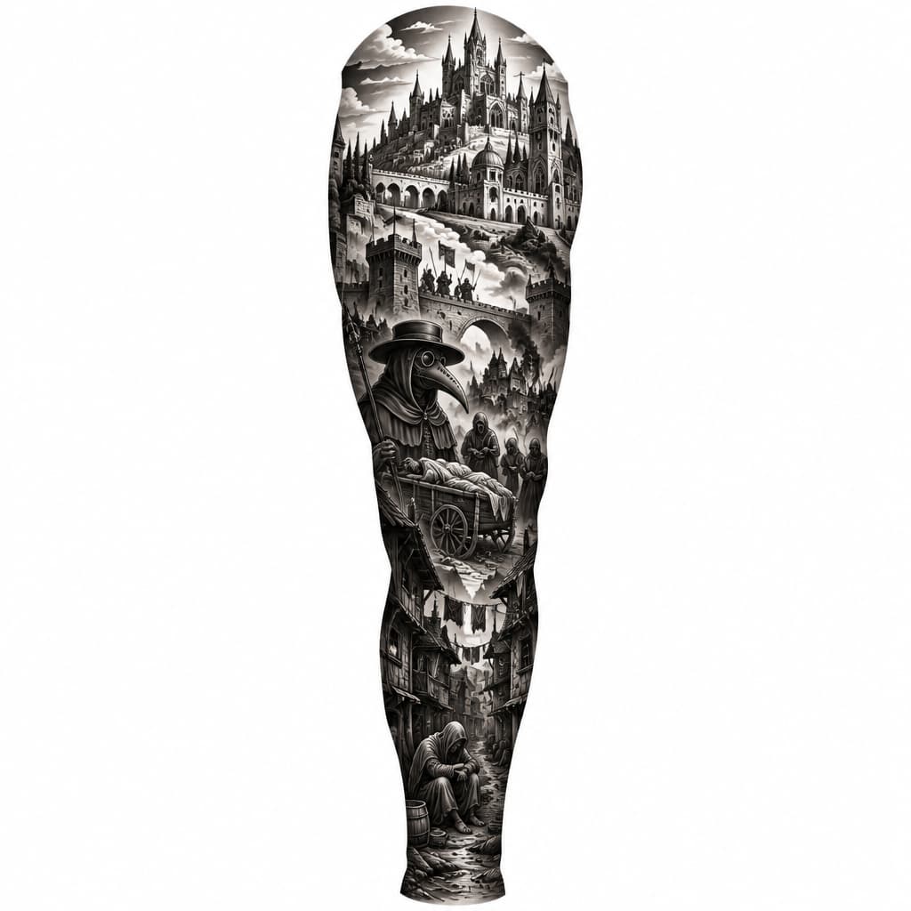 Start from anckle goes till end of my full leg. Dark medieval tattoo with a story war or plauge. Poorest part of the city should start from my anckle and getting richer when tattoo goes higher.