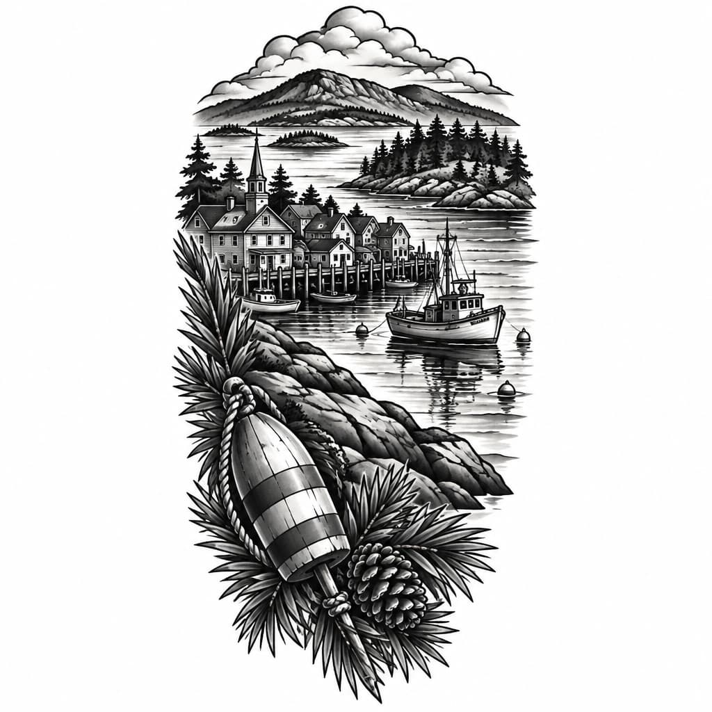 Back of forearm tattoo based off town of bar harbor Maine and the surrounding landscape
