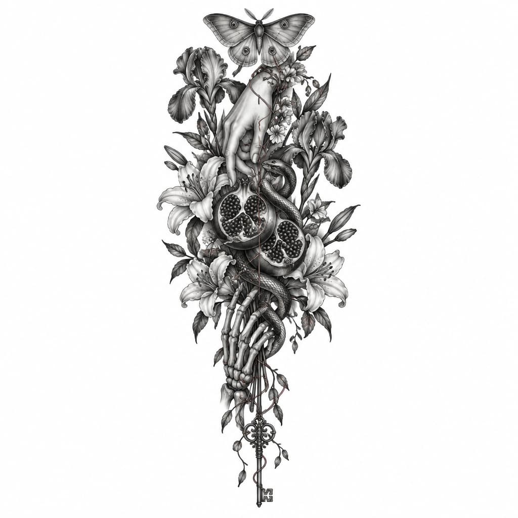 AI 生成的 A flowing, botanical tattoo inspired by Hades and… 纹身设计