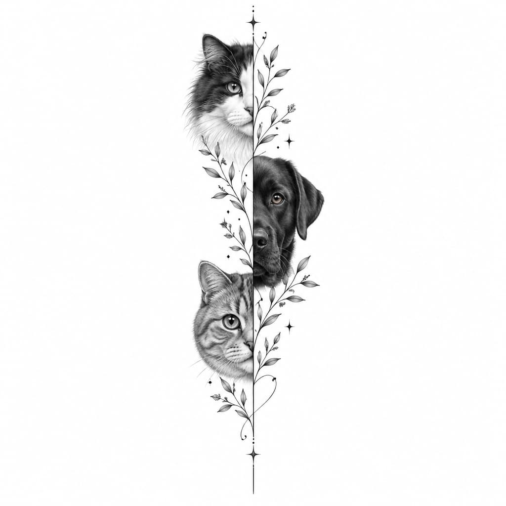 AI 生成的 Custom, elegant black-and-grey tattoo commemorating my pets… 纹身设计
