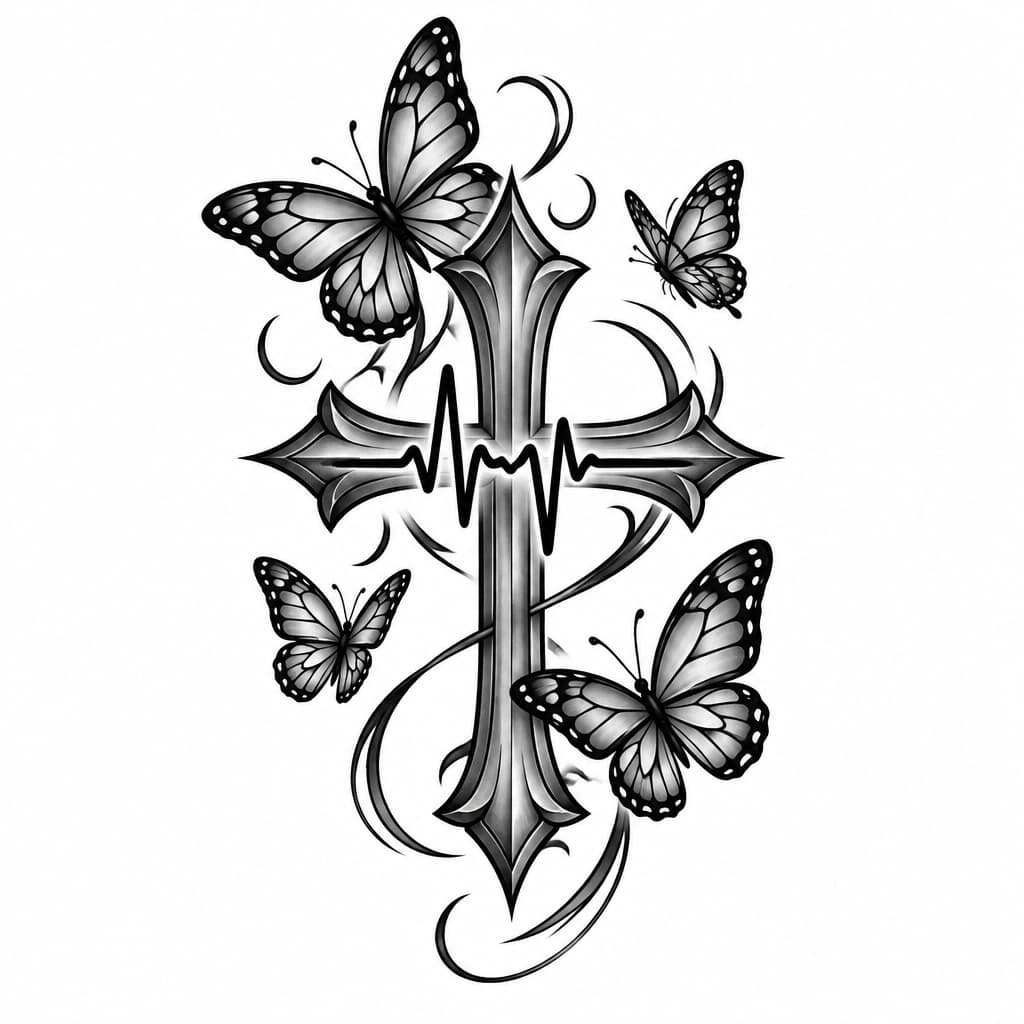 AI 生成的 Cross with a heartbeat with butterflies flying around it 纹身设计