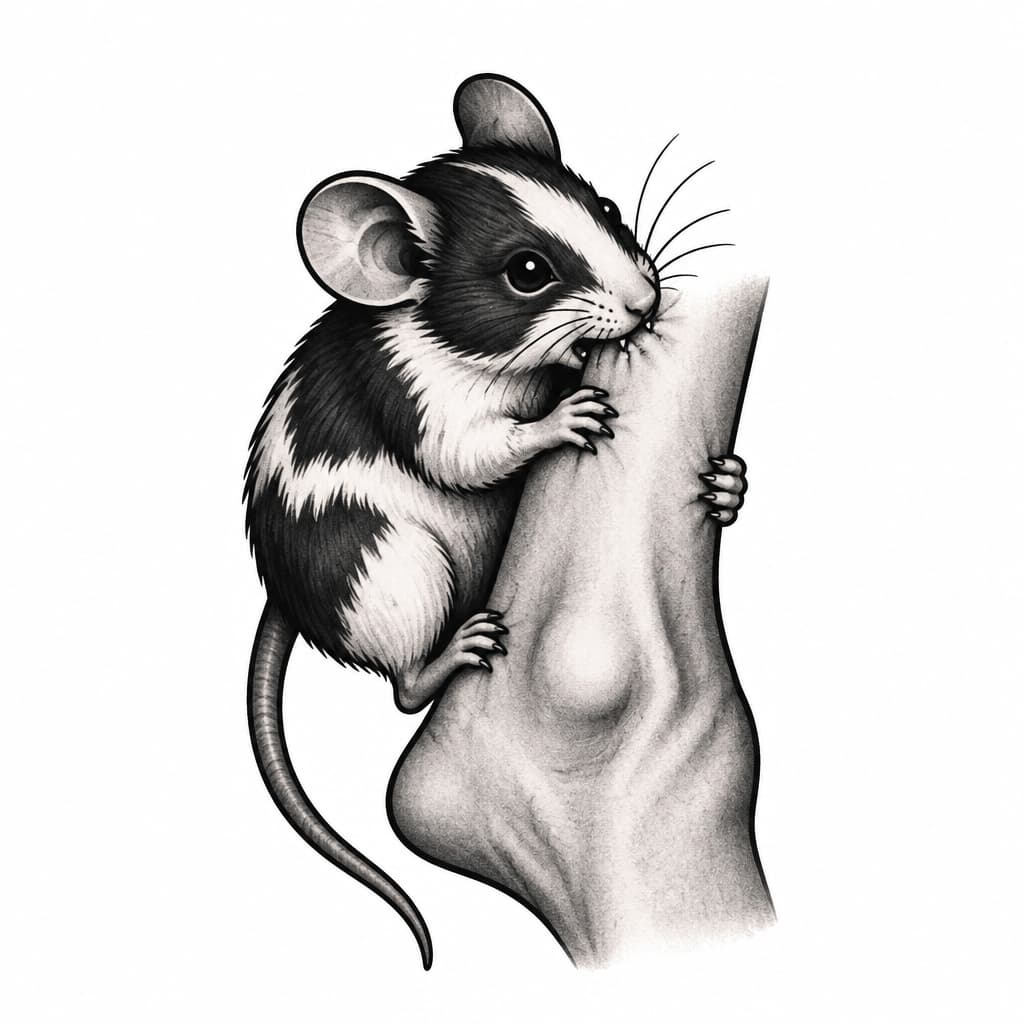 i want a tattoo on my ankle of my pet mouse who is black and white and i want him to look like he is bitting my ankle