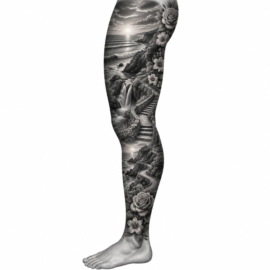 Create ONE realistic, anatomically accurate LEFT LEG tattoo sleeve mockup, shown on a single complete human leg from upper thigh to ankle, with the foot completely bare.
Strictly black-and-grey photorealistic realism.
The entire leg must be covered in ONE seamless, flowing landscape composition. Blend together realistic ocean views with sunsets, winding stone pathways, staircases, cascading waterfalls, winding roads, roses, and detailed flowers.
The scenery must naturally wrap around the leg with realistic perspective, depth, shadows, and smooth transitions. No separate panels, no collage, no disconnected scenes.
No color, no pink, no people, no animals, no lettering, no words, no personal objects, and no Japanese imagery.
Show ONE leg only, not four different views.