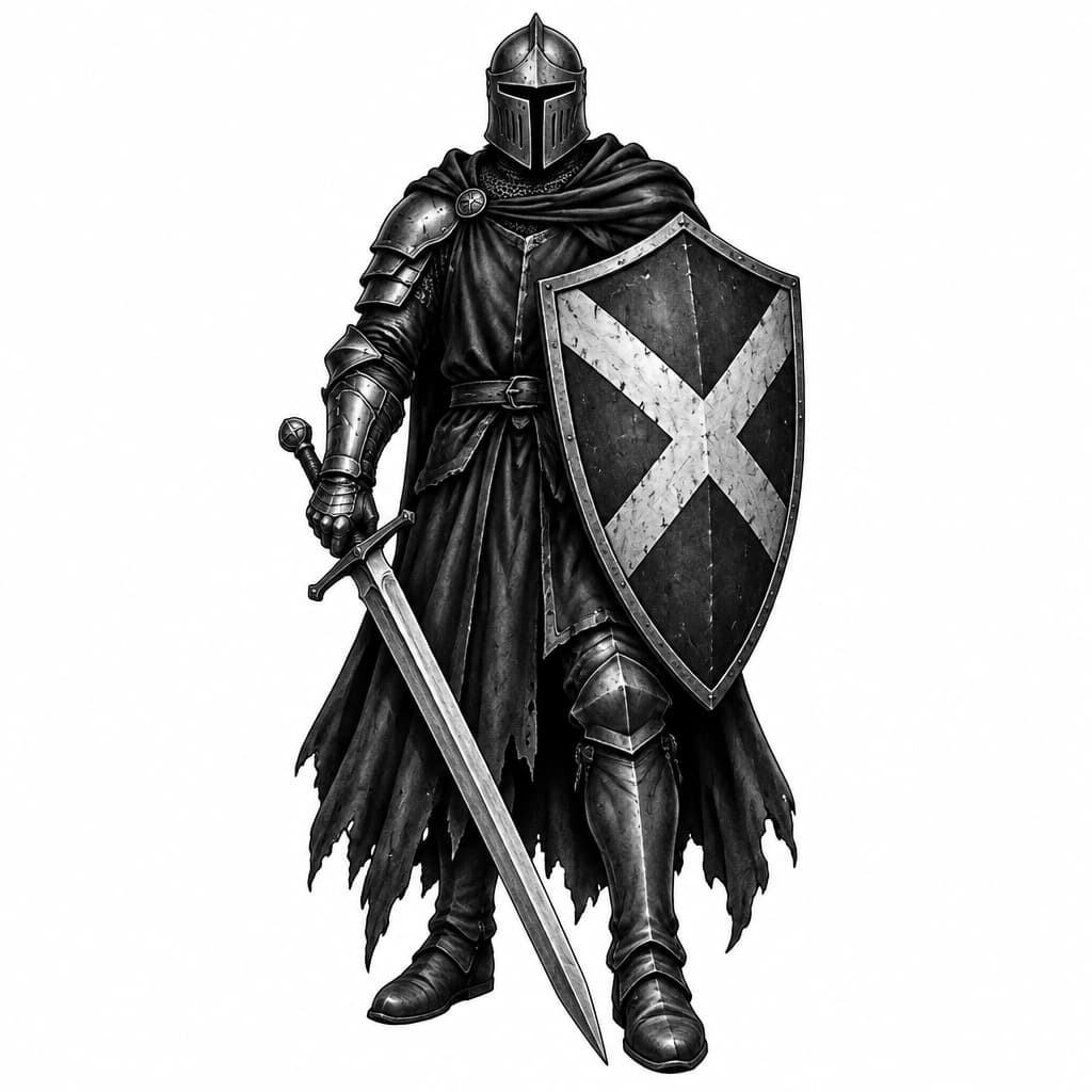 Dark knight holding saltire shield and sword