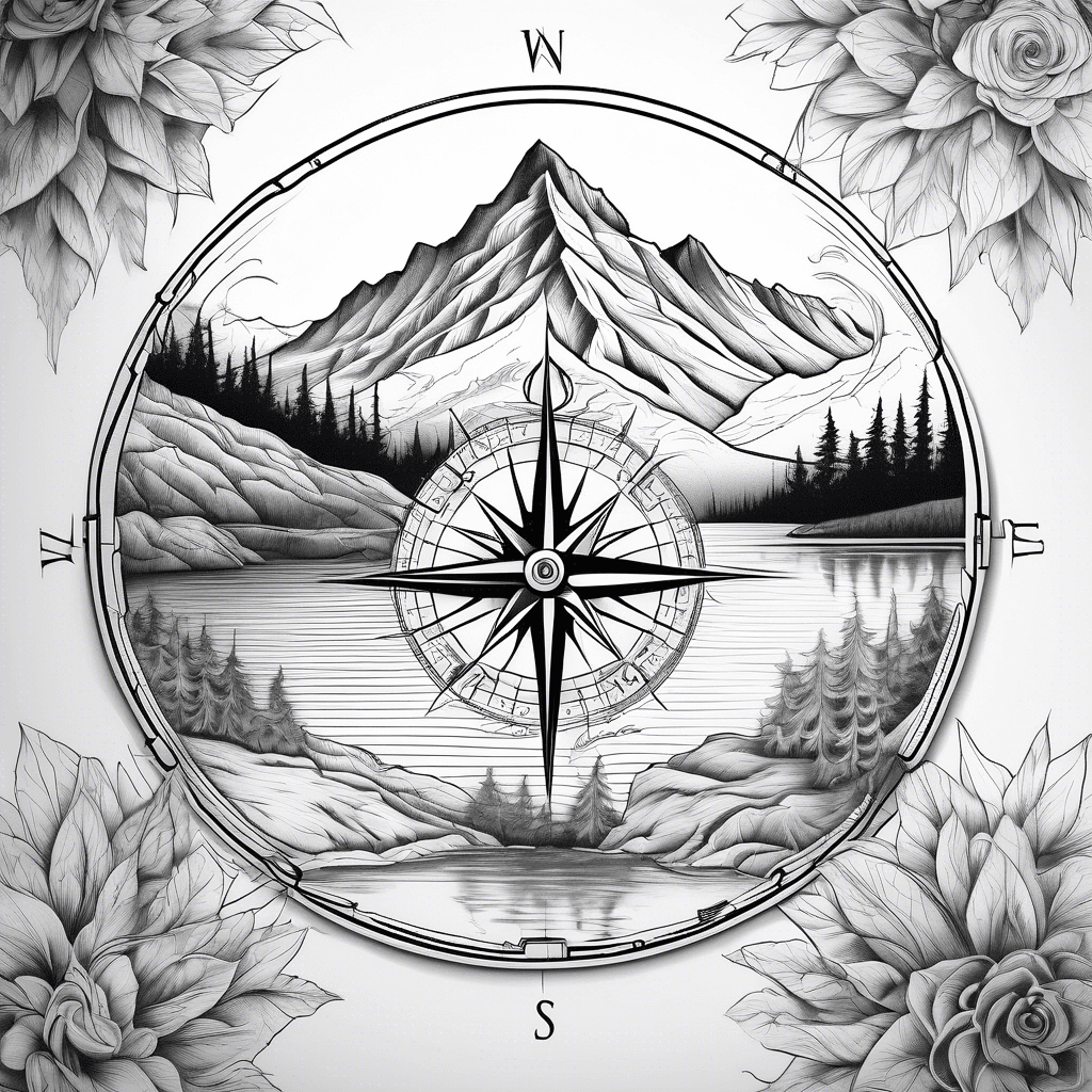 compass with mountains and lake