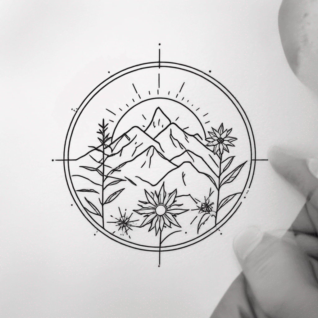 Transition around in a circle an edelweiss flower, a sun, trees, ocean, and mountains, seamlessly blend them from one to another