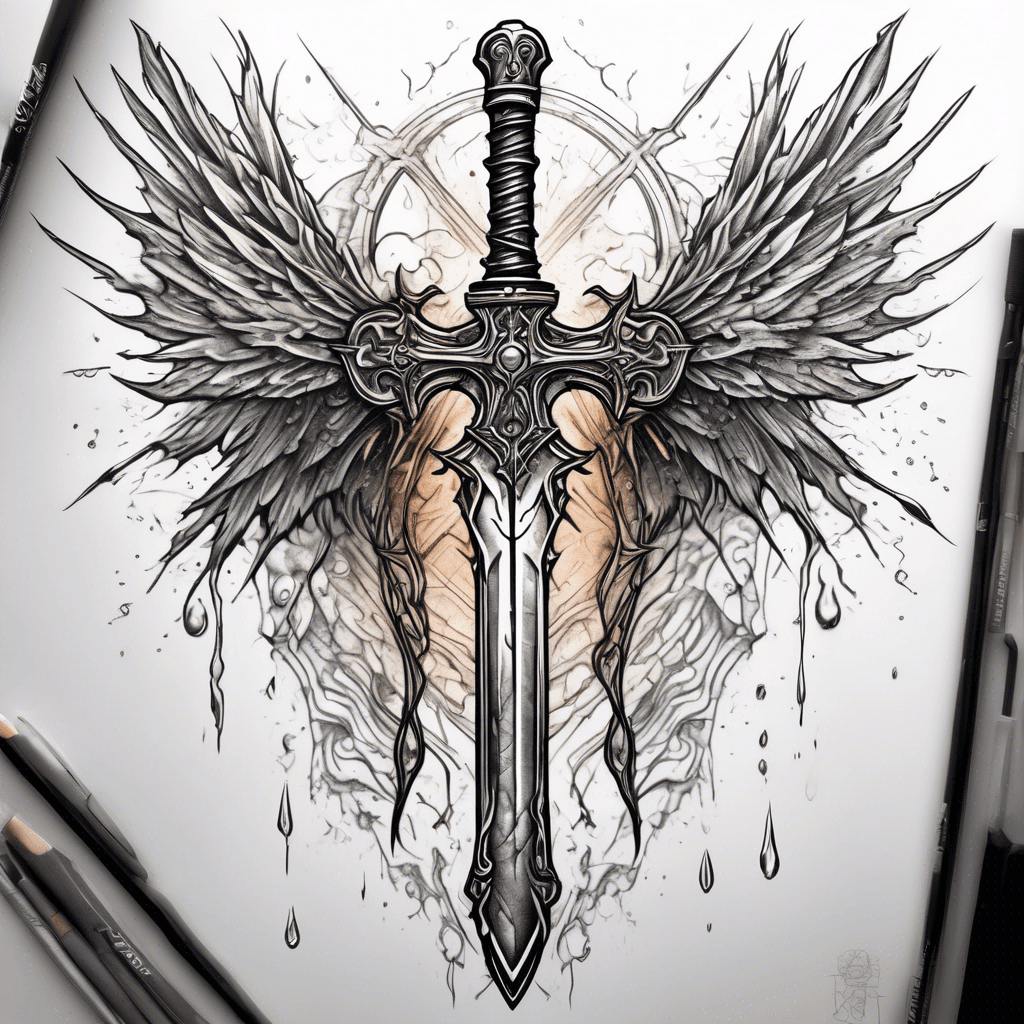 A large two-handed sword, rusted and ancient, with ethereal wings emerging from the blade's cross, dripping a single glowing tear-shaped drop.