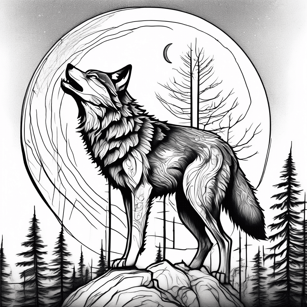 A realistic wolf howling at the moon, with a background of forest trees, perfect for a forearm tattoo design.
