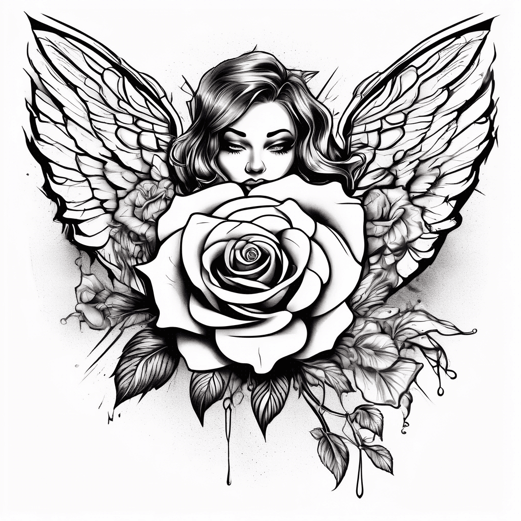 In the style of Trash Polka, rose with angle wings as a tattoo