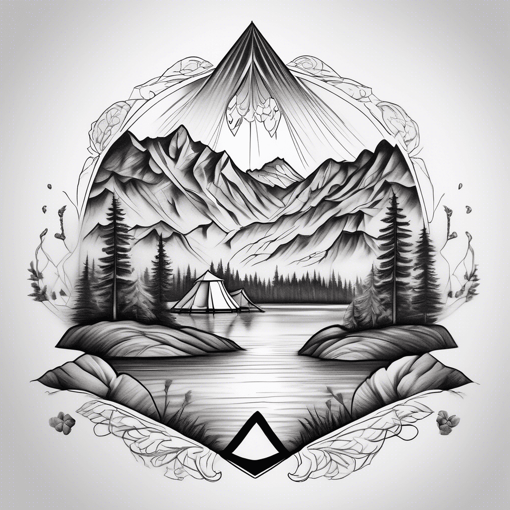 A serene small tent by a tranquil lake, a Switzerland flag waving on a nearby flagpole, surrounded by majestic mountains at a vibrant sunset.