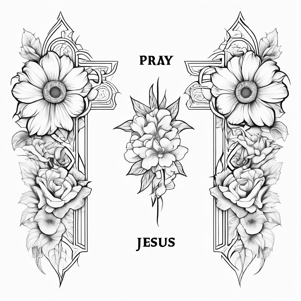 Words pray and Jesus with flowers